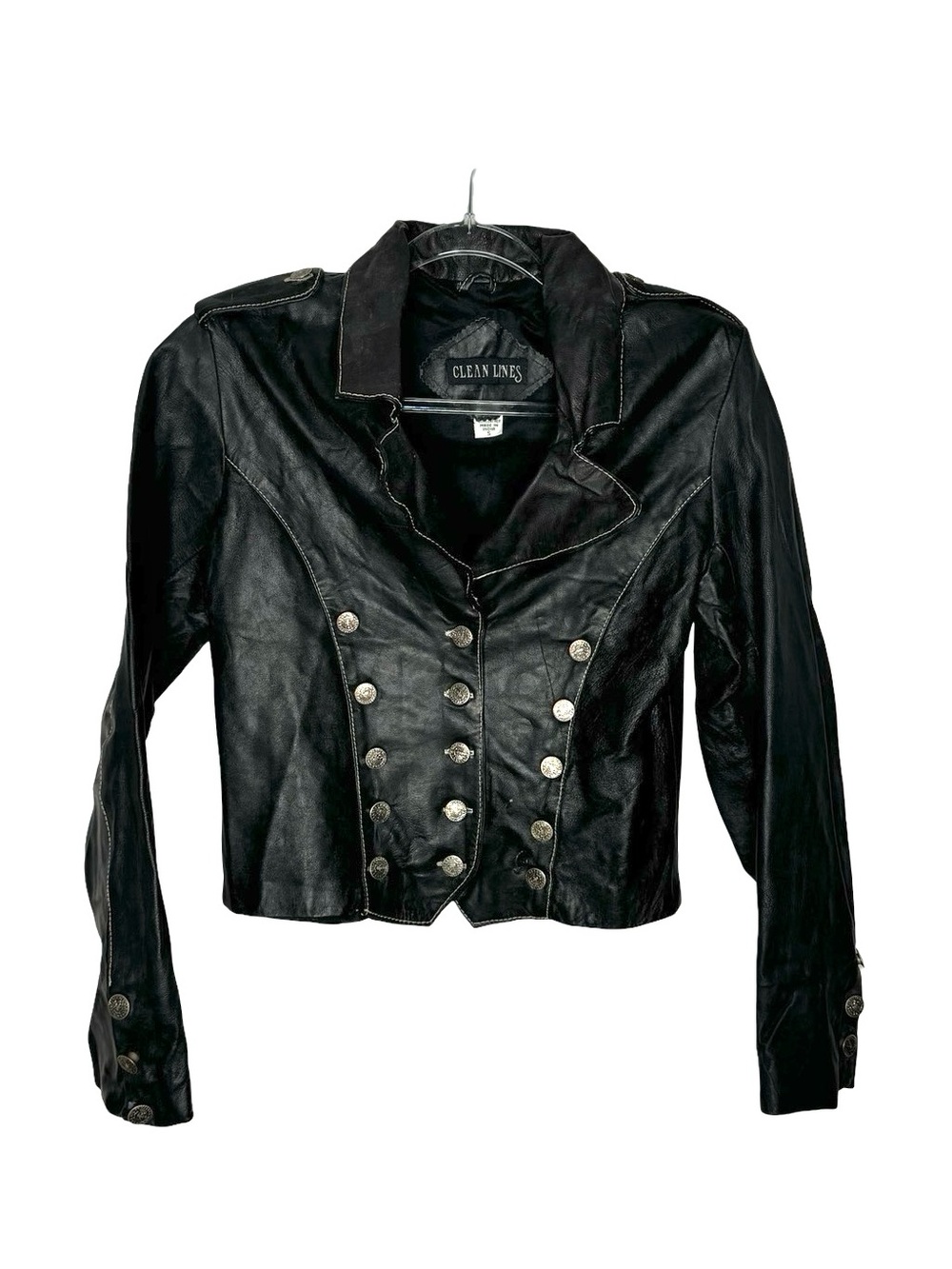Vintage | Black Leather Military Jacket Cropped Double Breasted Silver Buttons S